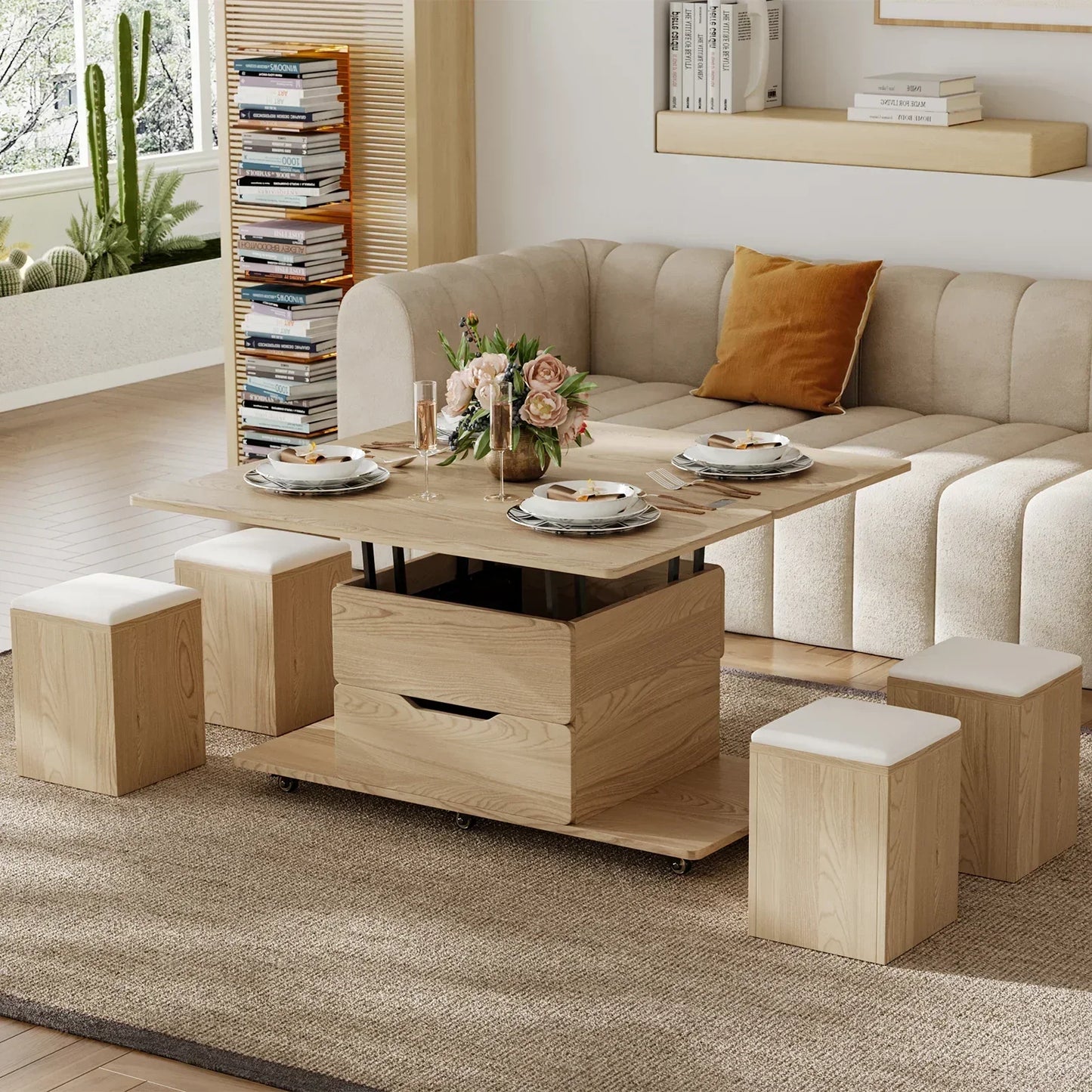 Table basse naturelle pliable à plateau relevable de 1000 mm