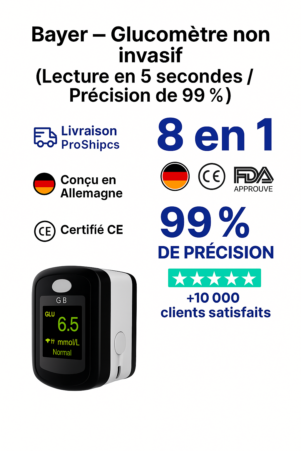 Glucomètre non invasif — résultat en 5 secondes | Bayer — précision 99 %