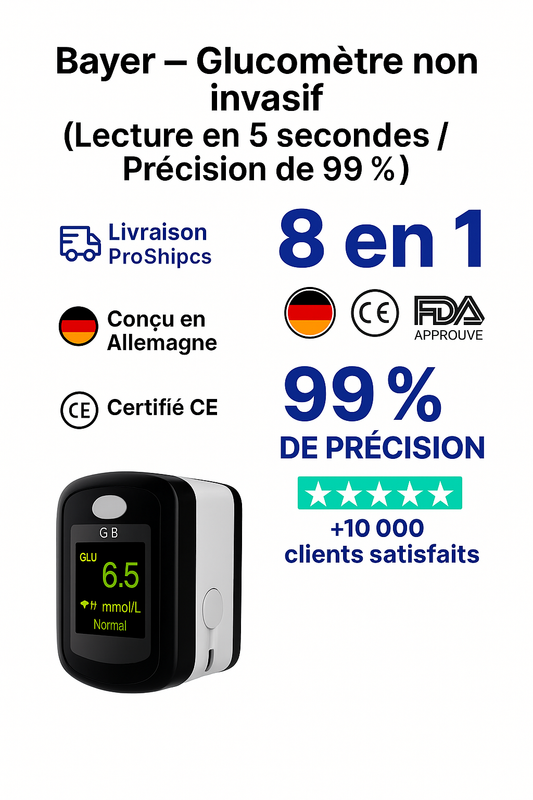 Glucomètre non invasif — résultat en 5 secondes | Bayer — précision 99 %