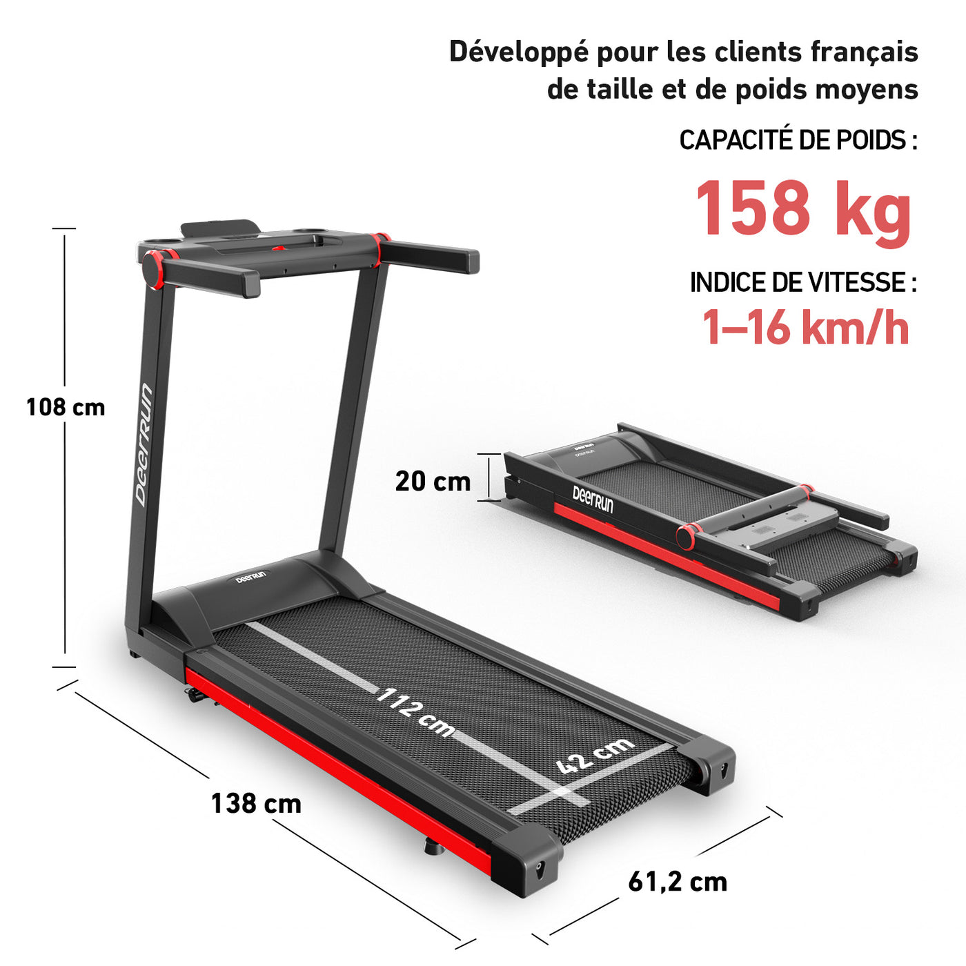 Tapis de course pliable avec inclinaison de 6 % |Capacité de charge de 158 kg, jusqu'à 16 km/h