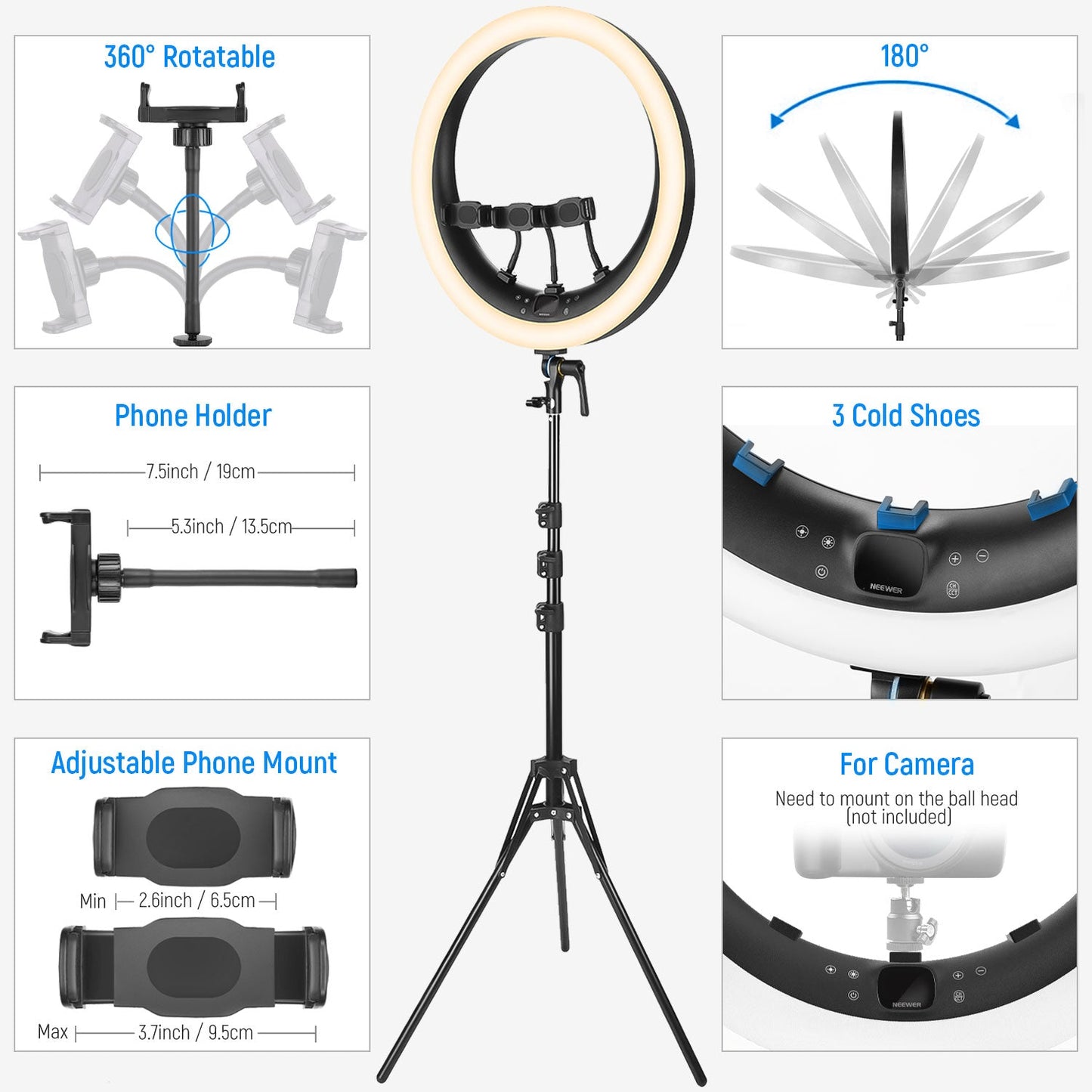 Anneau lumineux LED 19 pouces avec 3 supports de téléphone pour diffusion multi-streaming