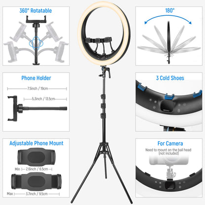 Anneau lumineux LED 19 pouces avec 3 supports de téléphone pour diffusion multi-streaming
