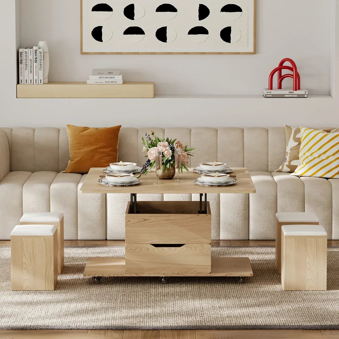 Table basse naturelle pliable à plateau relevable de 1000 mm