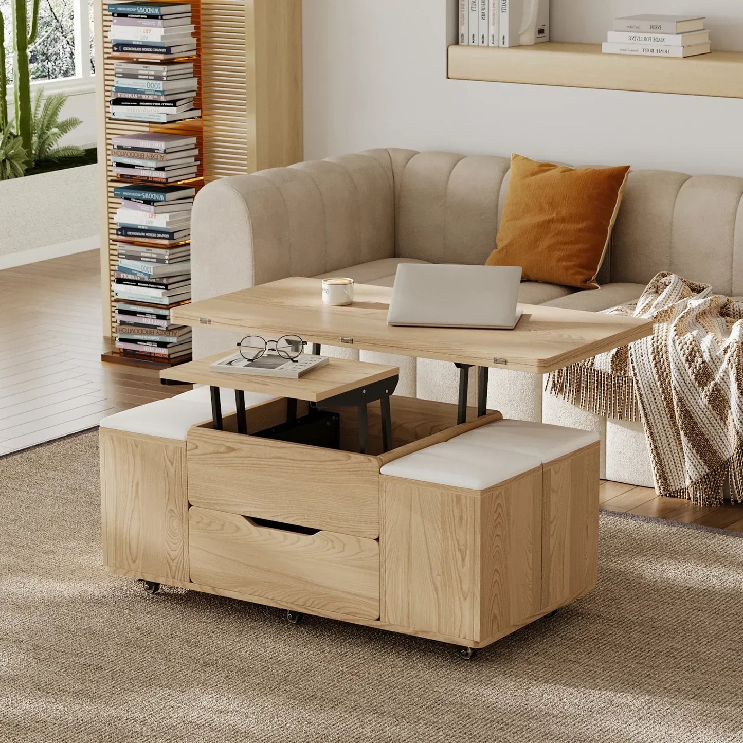 Table basse naturelle pliable à plateau relevable de 1000 mm
