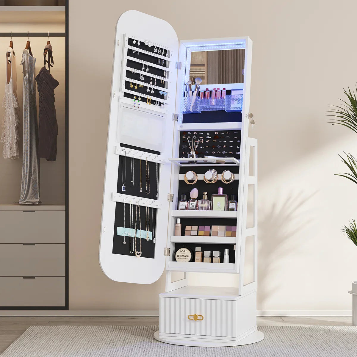Armoire à bijoux avec miroir et éclairage LED