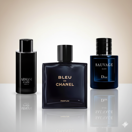 Coffret Élégance Suprême – Armani Code Parfum de Giorgio Armani, Bleu de Chanel de Chanel et Sauvage Elixir de Dior [100 ml]