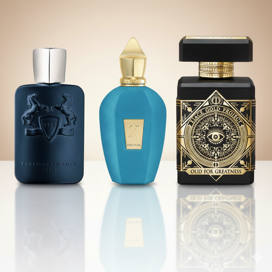 Coffret Élixir Majestueux – Oud for Greatness d’Initio, Layton de Parfums de Marly et Erba Pura de Xerjoff [100 ml]