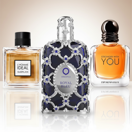 Coffret Élégance Intense – Royal Bleu de Orientica, L’Homme Idéal L’Intense de Guerlain et Stronger With You de Giorgio Armani [100 ml]