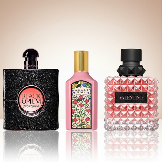 Coffret Élégance Contemporaine – Flora Gorgeous Gardenia de Gucci, Black Opium de Yves Saint Laurent et Donna Born in Roma de Valentino [100 ml]