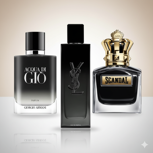 Coffret Âme Indomptable – MYSLF de Yves Saint Laurent, Scandal Le Parfum de Jean Paul Gaultier et Acqua di Giò Parfum de Giorgio Armani [100 ml]