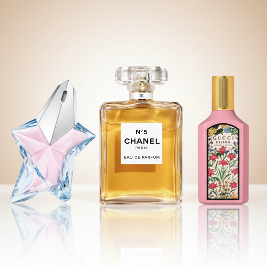 Coffret Luxe Floral – Angel de Mugler, Flora Gorgeous Gardenia de Gucci et Chanel N°5 de Chanel
