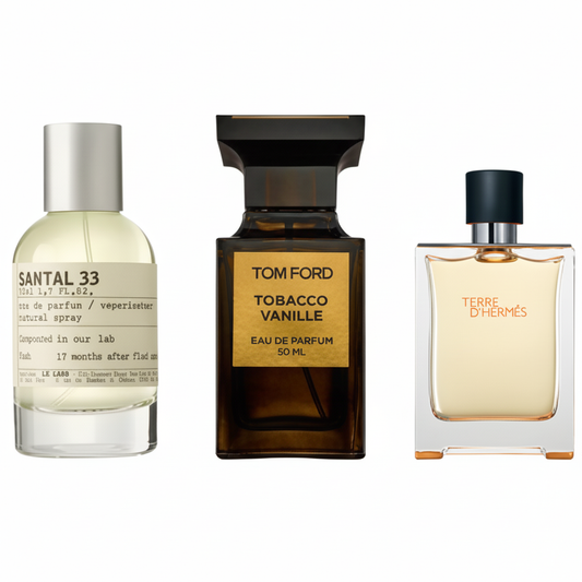 Coffret Nuit de Luxe – Santal 33 de Le Labo, Tobacco Vanille de Tom Ford et Terre d’Hermès de Hermès [100 ml]